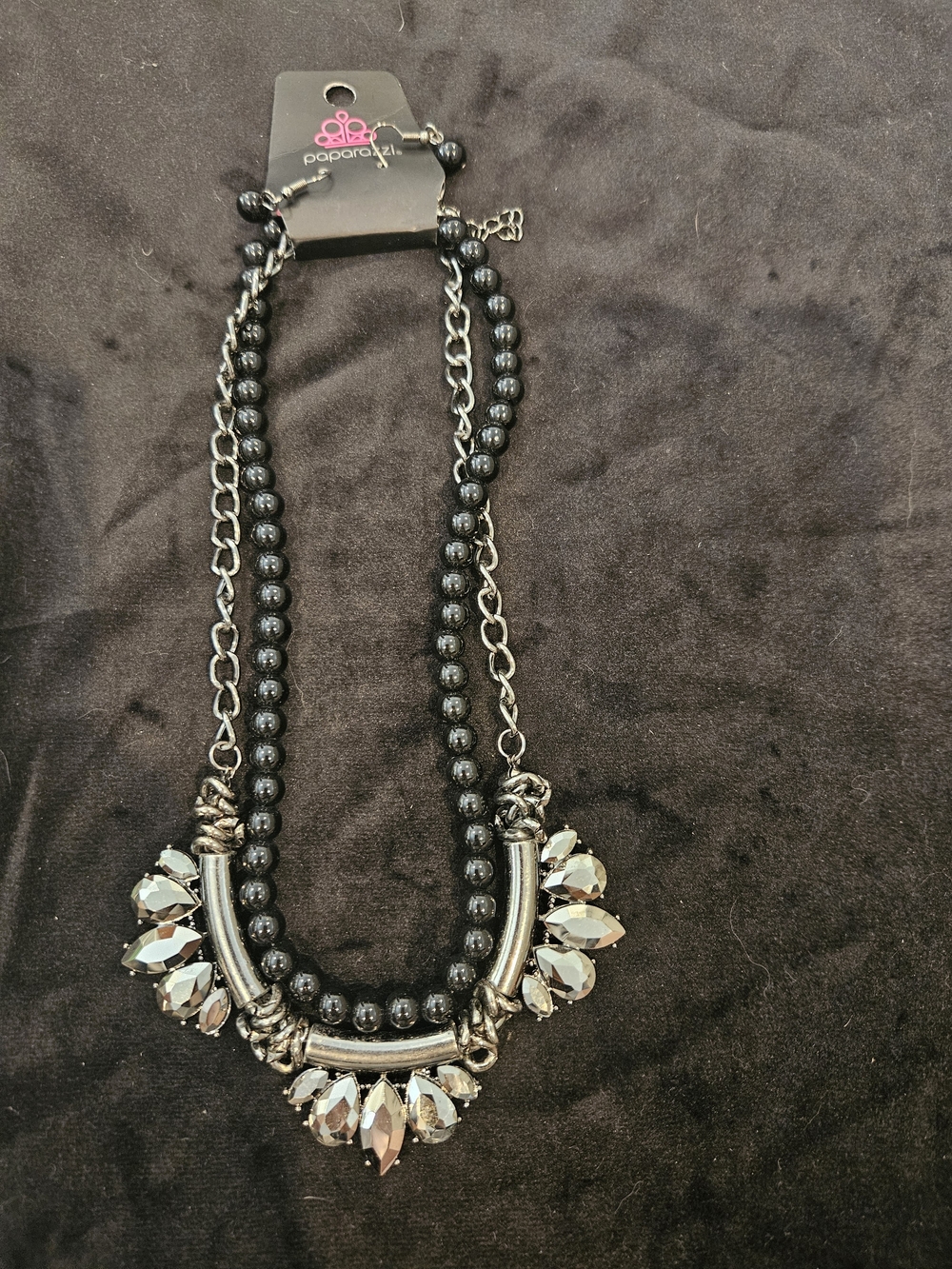 Paparazzi Black Beaded Statement Necklace with Clear Crystal Accents